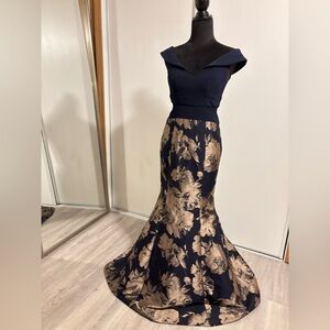 Navy Gold Gown Womens Size 6 Xscape Formal Wedding Guest Military Ball Floral